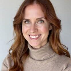 Smiling redhead woman in turtleneck sweater.